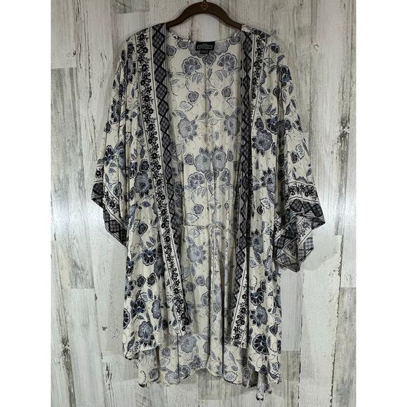Angie Kimono Top Size Medium Blue Black Floral Tie Back Oversized Breezy Flowy - Picture 1 of 9